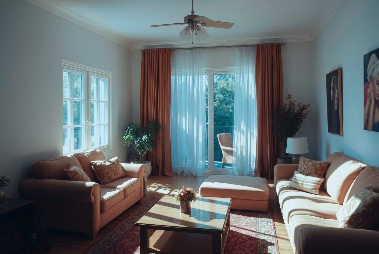 Same Melbourne living room after 3M Prestige 70 window film — soft even light, no glare, view retained