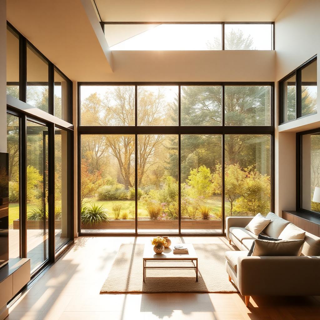 Sunlit Melbourne living room with floor-to-ceiling tinted windows