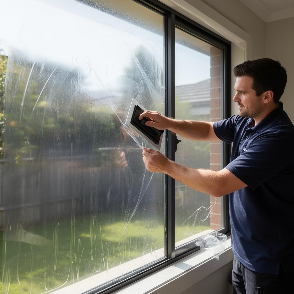 Professional installer applying premium window tint film on a Melbourne home