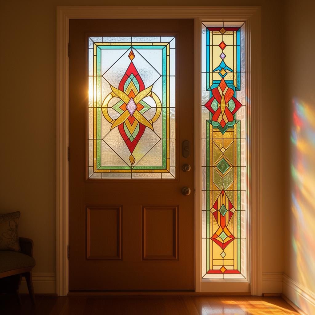 Decorative stained glass effect window film on a Melbourne front door sidelight