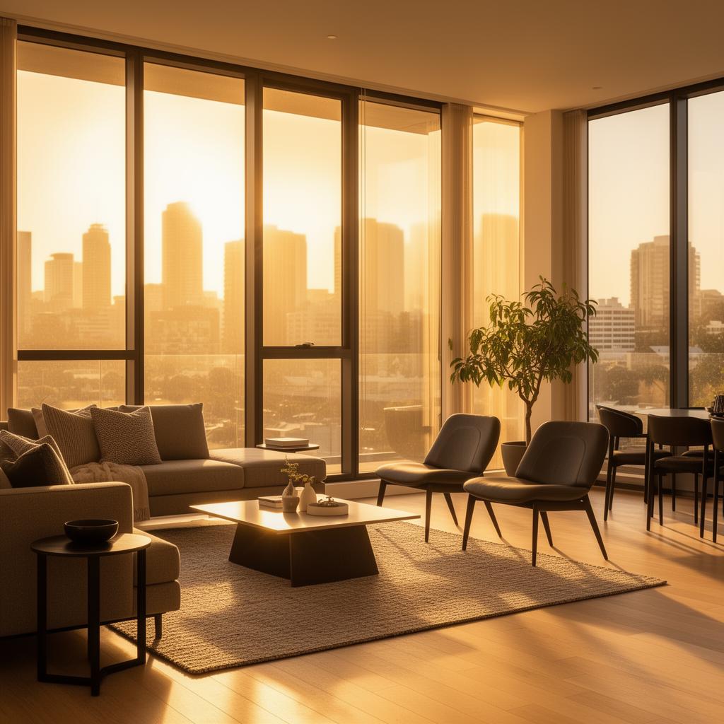 Sunlit Melbourne living room with solar window film reducing heat and glare